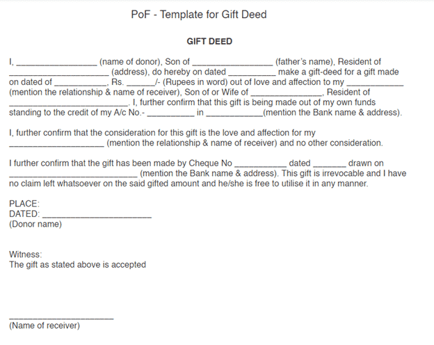 Gift Deed template for Express Entry Canada Proof of Funds